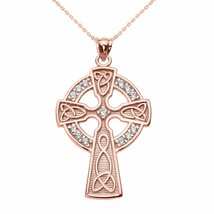 Solid 14k Rose Gold CZ Irish Trinity Knot Celtic Cross Pendant Necklace - £162.97 GBP+