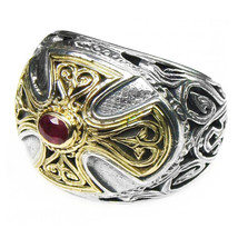Gerochristo 2535 - Gold, Silver &amp; Ruby - Medieval Byzantine Cross Ring  ... - $940.00