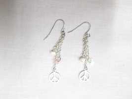WHITE PEACE SIGN - FLOWER SEQUIN &amp; SEED BEAD 3 CHAIN DANGLE PAIR OF EARR... - $3.99