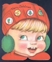 1950 Young Boy in Red Hat Green Earmuffs Christmas Greeting Card USA - £9.56 GBP
