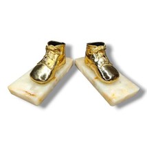 Antique Victorian Baby Shoes Bookends Onyx Marble Gold Tone Heavy  - £23.94 GBP