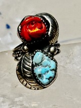 Turquoise Coral Ring Rose Navajo  Vintage Sterling Silver  Size 6.75 women - £83.73 GBP