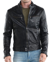 Men&#39;s Genuine Lambskin Leather Jacket Black Slim fit Motorcycle jacket - MJ080 - £92.39 GBP
