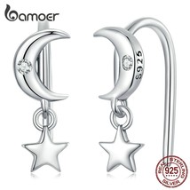 Authentic 925 Sterling Silver Star &amp; Moon Piercing Earrings for Women Fine Jewel - £16.72 GBP