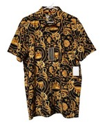 Button Up Shirt Men Baroque Black Gold Short Sleeve Crown Chains Prince ... - £22.89 GBP