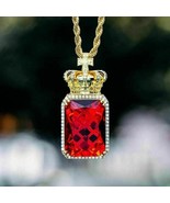 4CT Emerald Cut Lab Created  Red Ruby & Diamond Pendant 14K Yellow Gold Plated - $201.03 CAD