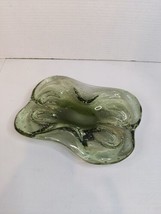 Vtg Hand Blown Glass Bowl Bulicante Green Heavy Art Glass Freeform Recta... - $28.04