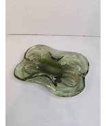 Vtg Hand Blown Glass Bowl Bulicante Green Heavy Art Glass Freeform Recta... - £21.92 GBP