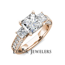 4.10 dwt Princess 3 Stone Moissanite &amp; Round Diamond Engagement Ring 14k R Gold - £2,655.81 GBP