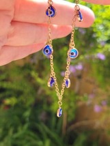 Blue Evil Eye Yellow Gold Tone Double Sided Glass Dangle Charm Dainty Bracelet - $12.59