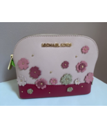 Michael Kors Floral Appliqué Cosmetic Bag Colorblock Pink Leather Zip M1 - $79.19