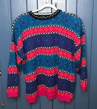 Vintage Stefano 1980s Bright Geometric Striped Sweater Large Hip Hop New Wave - £22.15 GBP