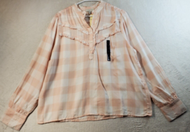Lucky Brand Blouse Top Womens Size Large White Pink Check Crew Neck Button Front - £14.05 GBP