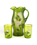 Victorian Enameled Pitcher and Tumblers Set, Antique Green Optic w Large... - £39.96 GBP