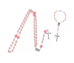Pink Pearl &amp;Rose Bead 5 and 1 Decade Rosary Gift Set Catholic Christian 8mm - £15.81 GBP