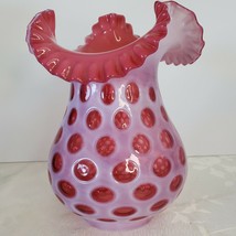 Large Ruffled Cranberry Opalescent Honeycomb Coin Dot Hurricane lamp Glass 10 &quot; - £191.47 GBP
