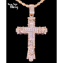 Mens Large CZ Cross Pendant Rose Gold Plated 22&quot; Rope Hip Hop Necklace - £7.63 GBP