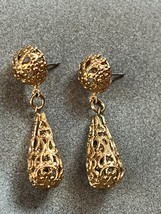 Small Round Lacey Goldtone Button w Briolette Dangle Post Earrings for Pierced - £9.06 GBP
