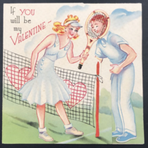 VTG 1959 Hallmark Couple Playing Tennis Smash Face Valentine&#39;s Day Greeting Card - £9.74 GBP