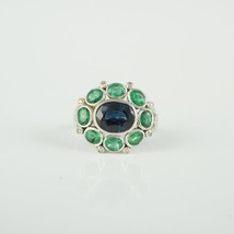 Solid 18K White Gold Ring, Natural Emerald Sapphire Diamond Ring, Birthstone Rin - £1,342.66 GBP