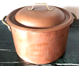 Copper Soup Stew Stock Pan Pot Nickel Lined Brass Handle Vintage Farmhouse - $188.09