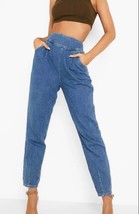 Boohoo Blue Corset Mom Jean Women 4 High Waist Back Zip Tapered Denim Pant 28x28 - £25.11 GBP