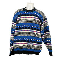 VTG Knit Pullover Sweater XL Crew Neck Blue White Kitsch 1990s Lightning... - $35.99