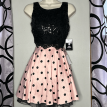 Two Piece Party Dress Black Sequins Crop Top with Pink Polkadots &amp; Tulle Skirt - £39.11 GBP