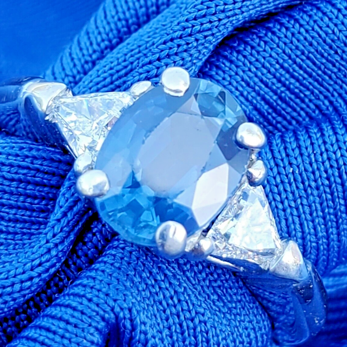 Earth mined Sapphire Diamond Deco Engagement Statement Ring Platinum Solitaire Item image 5