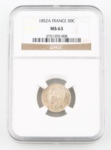 1852-A France 50 Centimes Silver Coin MS-63 NGC Paris 50c Cent KM-793 - £528.56 GBP