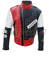 New Mens Red Black Punk Full Silver Spiked Studded Zippered Leather Jacket - £167.82 GBP