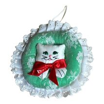 Vintage Fancy Feast 1987 Cat Christmas Ornament White Satin Xmas Crotchet - $8.00