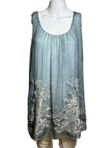 Soft surroundings Silk Blouse Women&#39;s Medium Blue Sleeveless Embroidery Bohemian - £24.98 GBP
