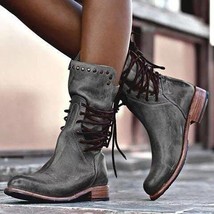 Back Zipper Vintage Boots Lace-Up Holiday Mid-calf Boots - £29.57 GBP