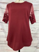 Lulus Sheer Floral Sleeve Blouse Top Womens S Embroidery Keyhole Back Burgundy - £17.59 GBP