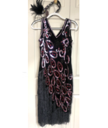 1920&#39;s Flapper Size S Sheath With Headband Peacock Beaded Dress - $19.80