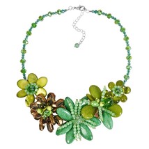 Elegant Green Forest Garden Mixed Stone, Seashell, and Crystal Floral Necklace - £47.46 GBP