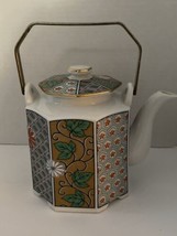 Arita Imari Fan Japan Teapot &amp; Lid Porcelain Multi-Color Floral Brass Handle - £33.18 GBP