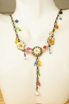 Costume Jewelry Rhinestone Enamel Floral Lavalier Drop Brass Chain Necklace - $19.79