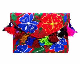 Multicolored Floral Embroidered Pom Fringe Slim Envelope Clutch Purse Crossbody  - £20.49 GBP
