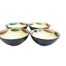 4 Small Pottery Bowls Black Outside Textured Swirl Leaves Glazed Inside ... - £21.01 GBP