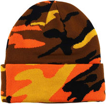 Unisex Plain Warm Knit Beanie Hat Cuff Skull Ski Cap  Orange Camo Color - £11.19 GBP