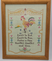 Vintage Rooster Sampler Embroidered Cross Stitch Early To Bed Early To Rise - $396.09 MXN