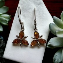 Sterling Silver 925 Gorgeous Tri-Stone Silver and Baltic Amber Cognac Earrings - £12.63 GBP