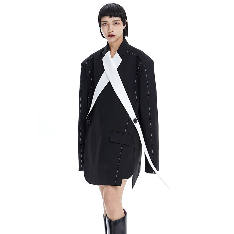 SuperAen Irregular Black-and-white Color Contrast Stitching Oversize Blazer Coat - £180.74 GBP