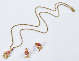 Beautiful 14K Gold Necklace 20&quot; with Rose Pendant and Rose Stud Earrings... - £264.37 GBP