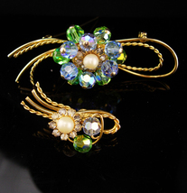 1950s Flower Rhinestone brooch one clip on earring - something blue - fl... - $95.00
