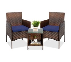 3-Piece Wicker Outdoor Bistro Set Blue Cushions 2 Chairs Table Patio Furniture - £206.99 GBP