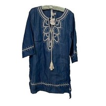 Umgee Denim Embroidered Shift Dress Sz Small Pullover 3/4 Sleeves NEW - £18.34 GBP