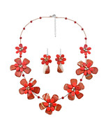 Red Jasper-Reconstructed Red Coral Floral Necklace-Earring Set - £39.41 GBP